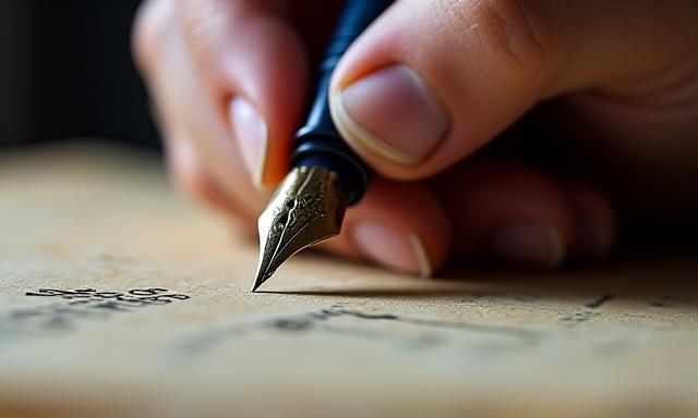 A legal professional writing with a fountain pen on a parchment document, focus on the pen nib