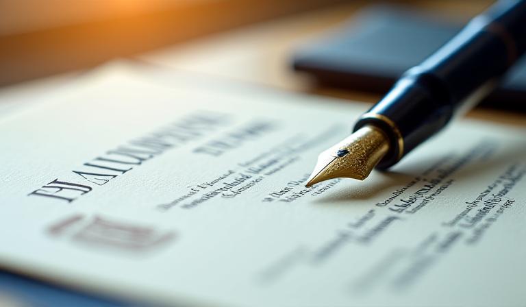 Close-up of a high-quality fountain pen resting on a detailed legal document