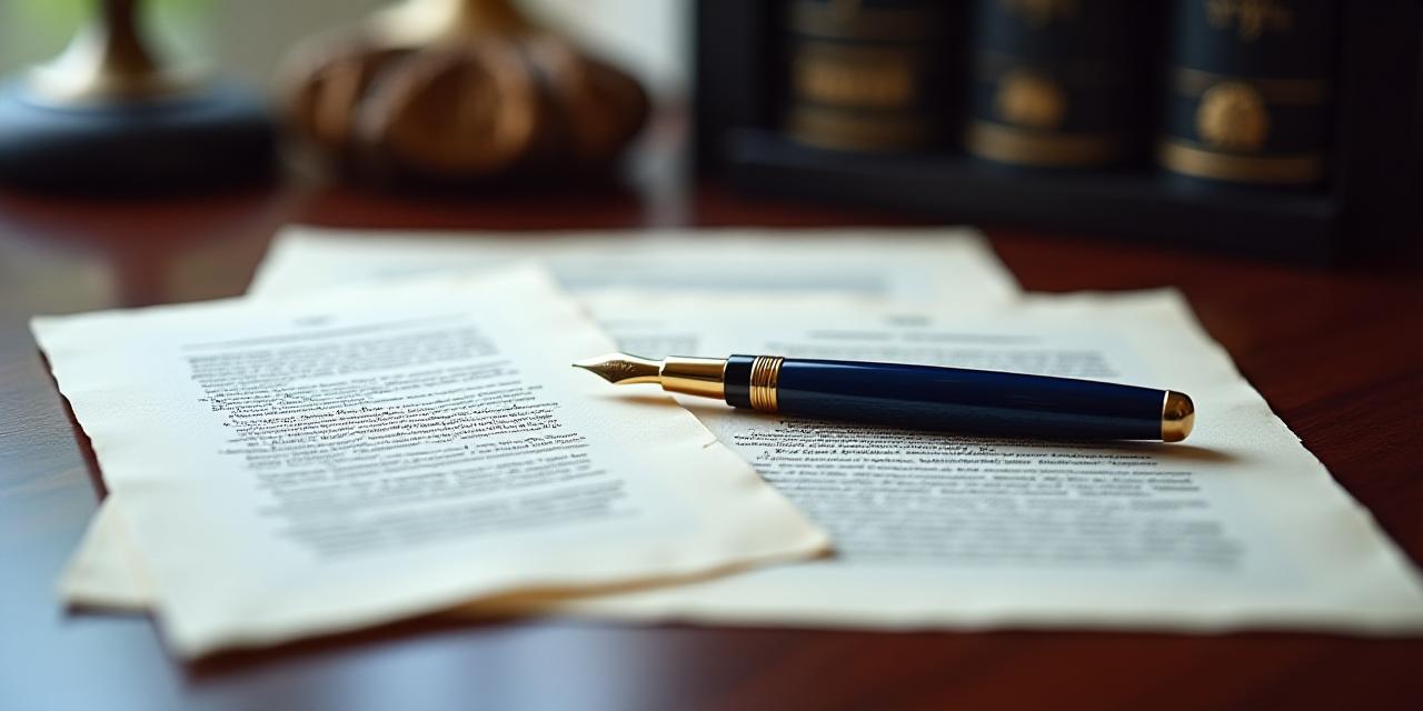 Two formal legal documents placed side-by-side on a heavy oak desk with a gold fountain pen